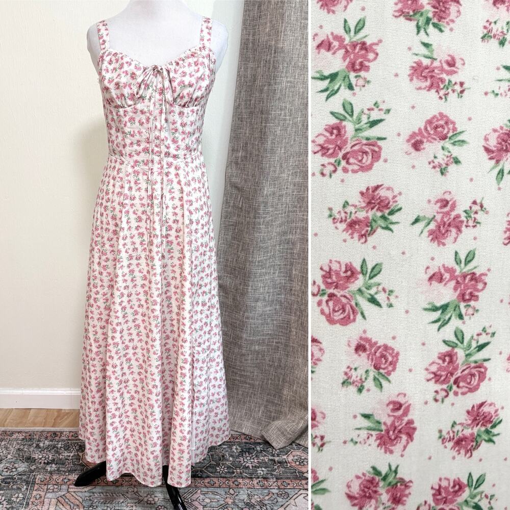 Petal & Pup Milkmaid Floral Maxi Dress M Pink Roses Corset Basque Waist Cottage